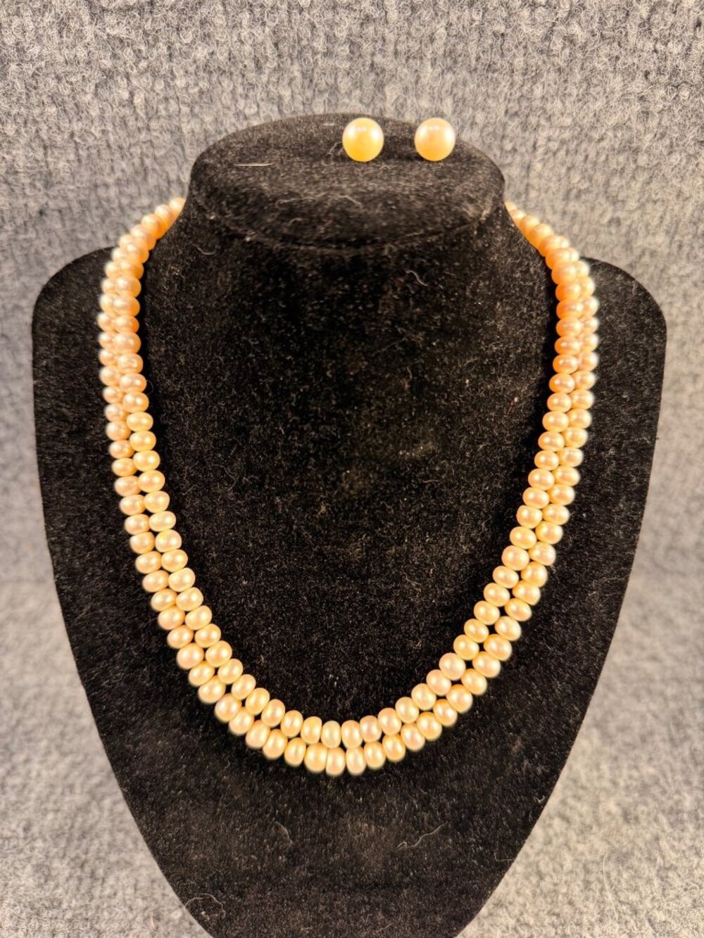 Vintage Double Strand Peach Pink Pearl Necklace & Matching Stud Earrings Set
